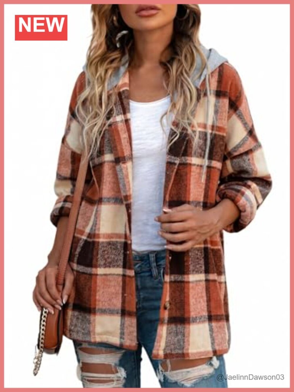 Hooded Plaid Button Down Shacket Flannel Shirt Jacket Casual